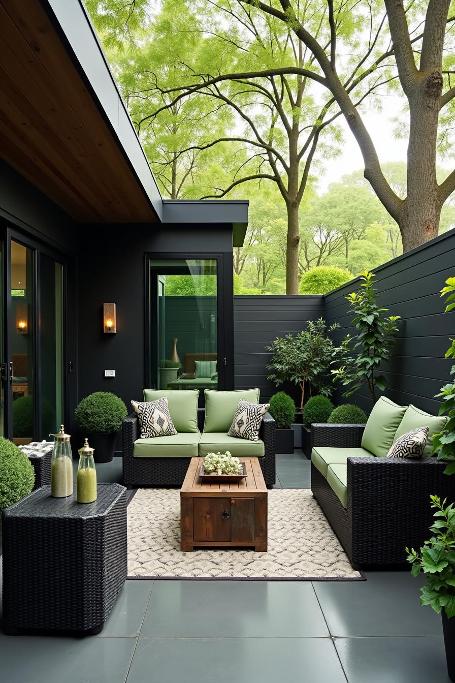 Stylish terrace with wicker furniture and green cushions