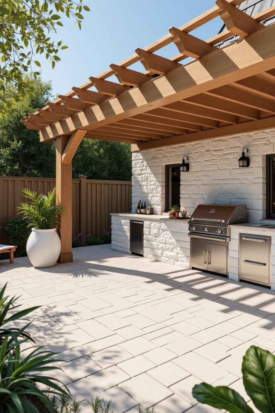 Outdoor kitchen under wooden pergola with grill and counter space