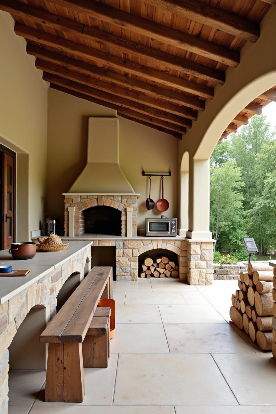 Outdoor kitchen with wood-fired oven, stone counter, and wooden bench