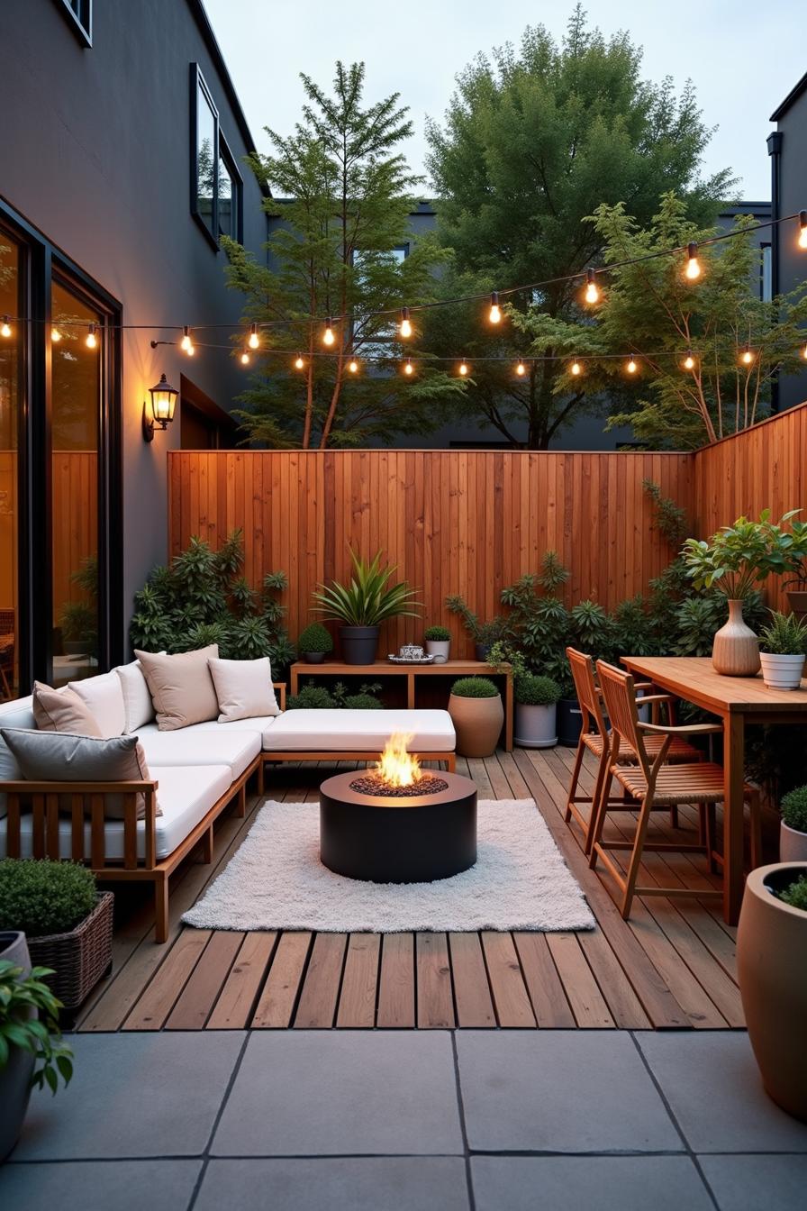 Cozy terrace with seating, plants, and fire pit