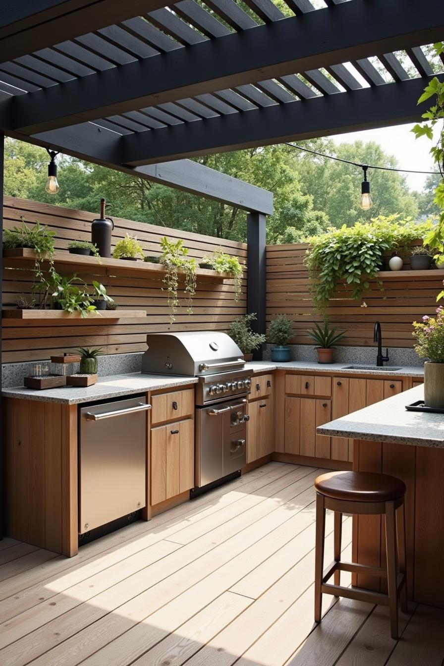 Stylish outdoor kitchen with wooden elements and greenery