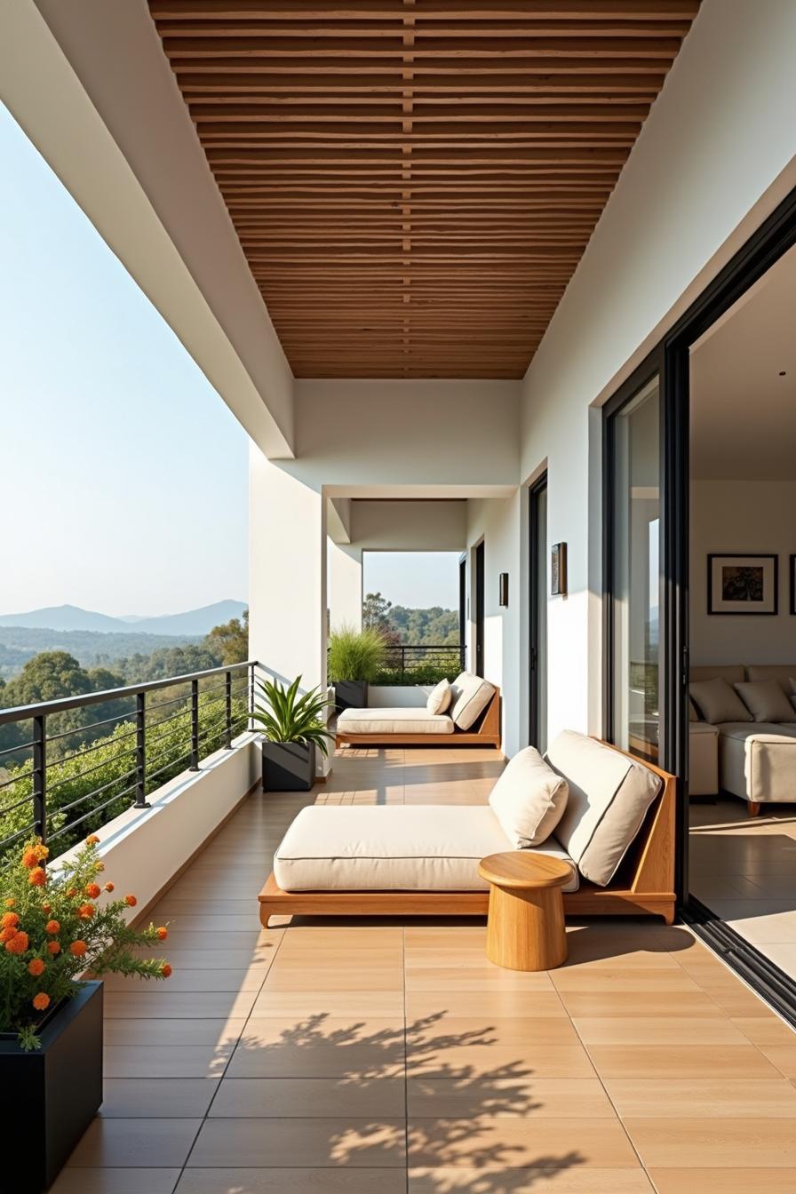 Elegant terrace with chaise lounges and scenic view