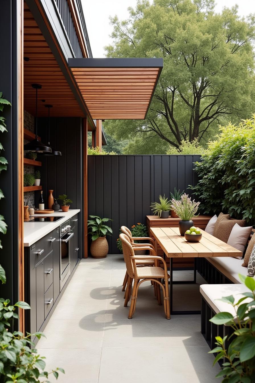 Cozy outdoor kitchen with sleek design and lush greenery