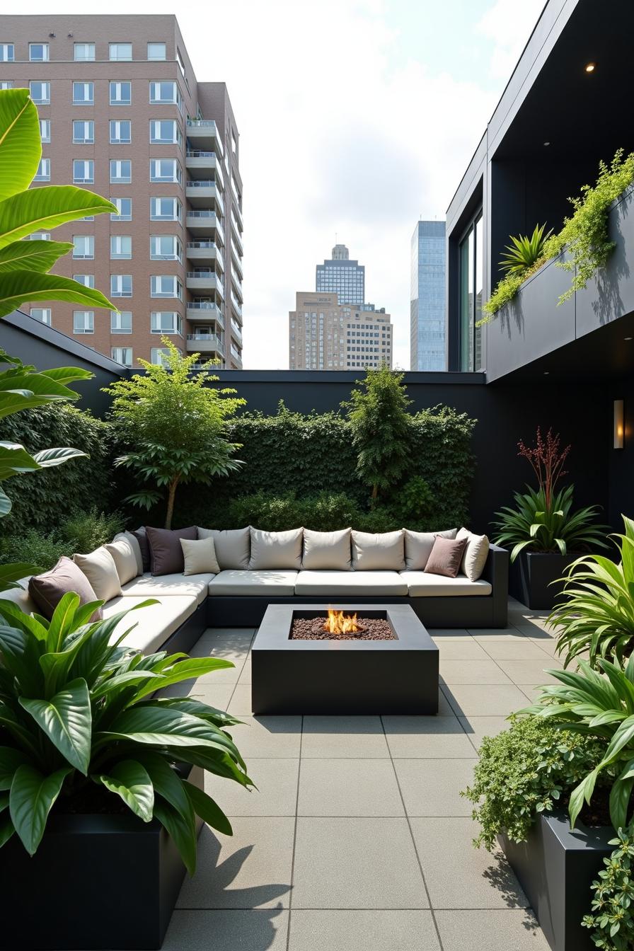 Lush rooftop garden with a fire pit and city view