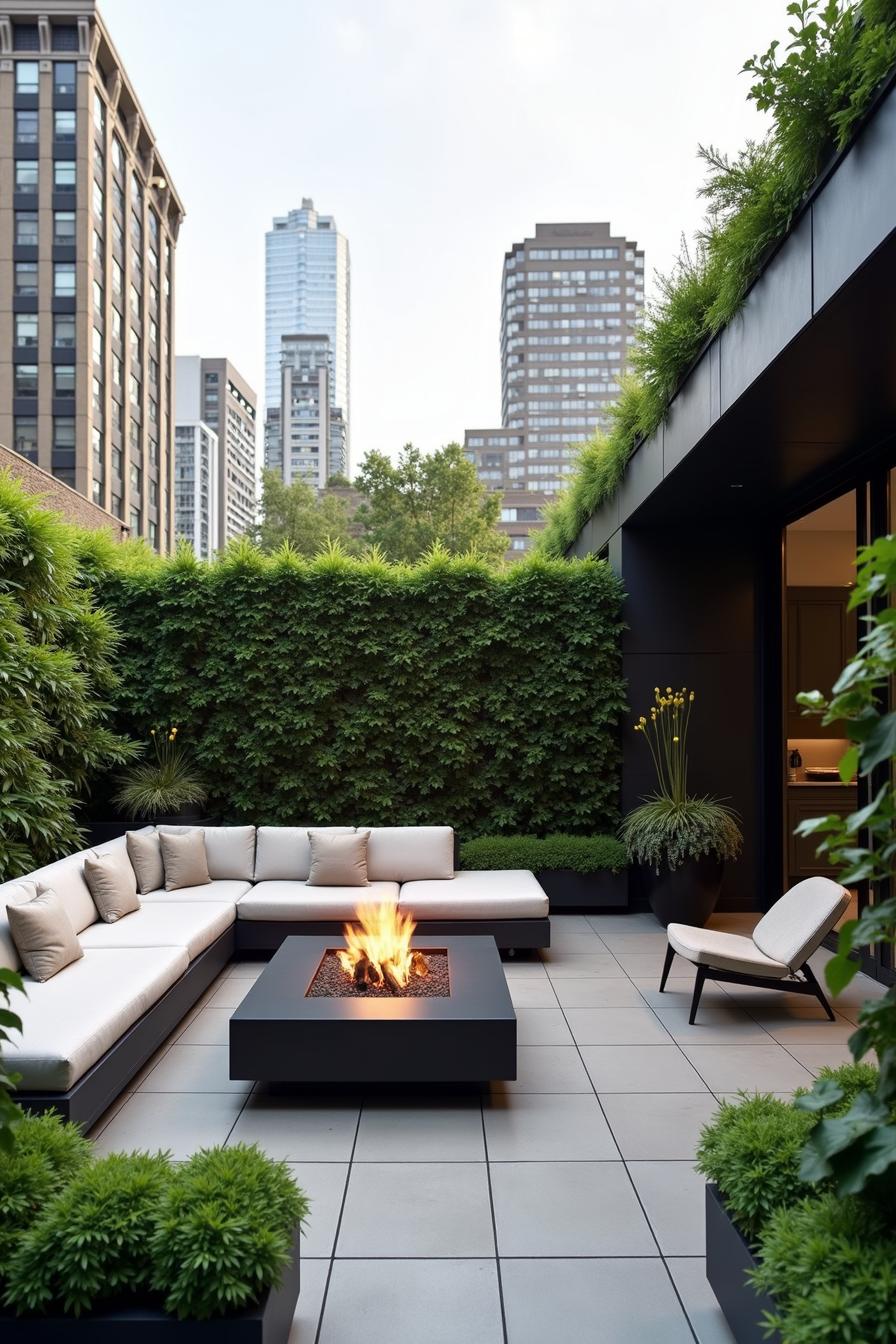 Lush rooftop lounge with modern fire pit