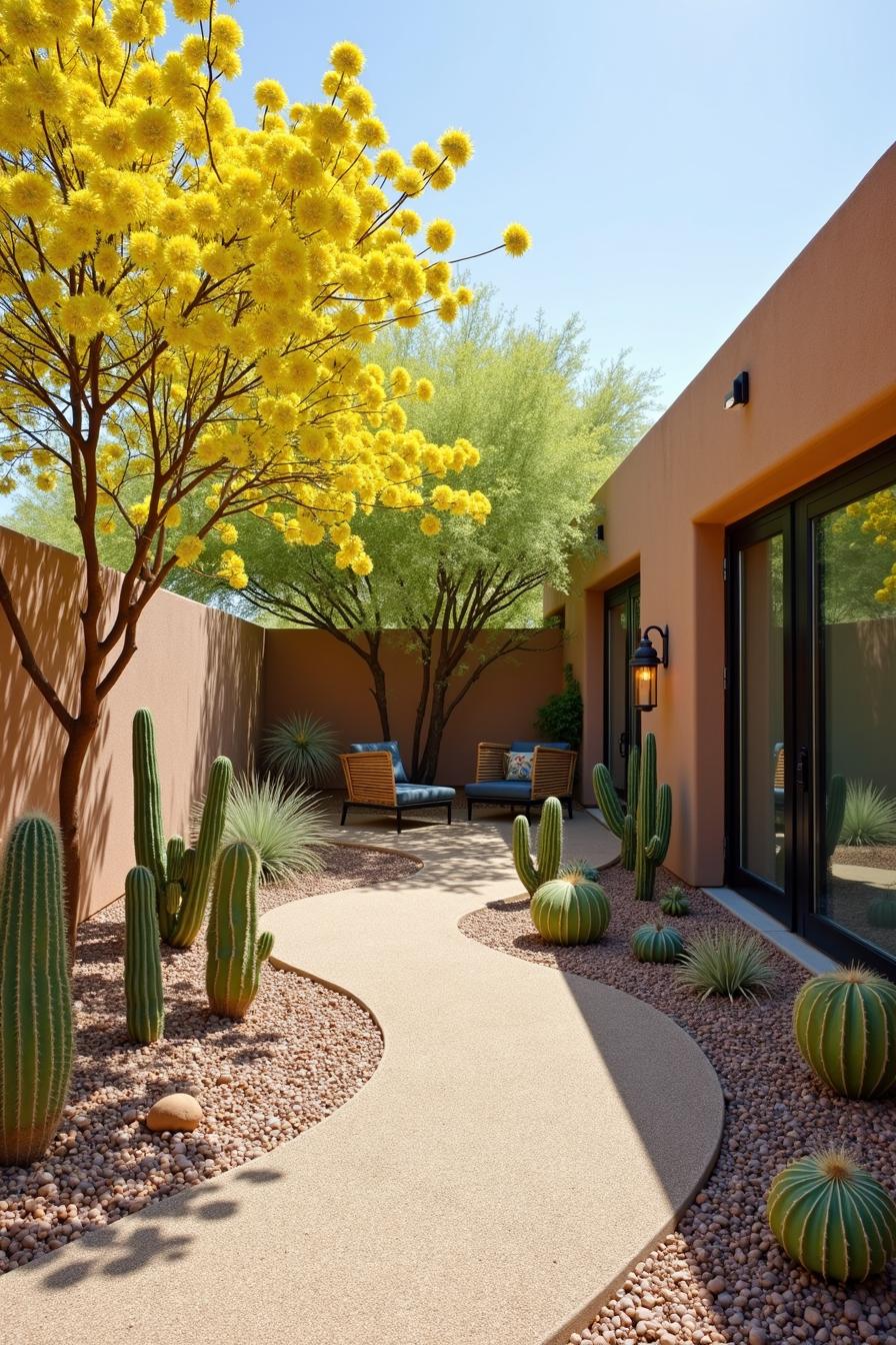 Desert garden with cacti and a seating area