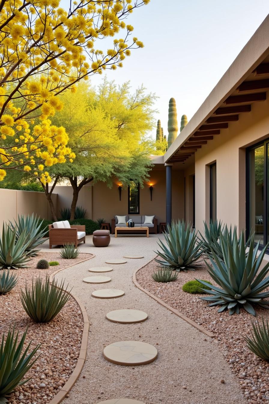 Modern desert-themed backyard with circular stepping stones and lush agave plants