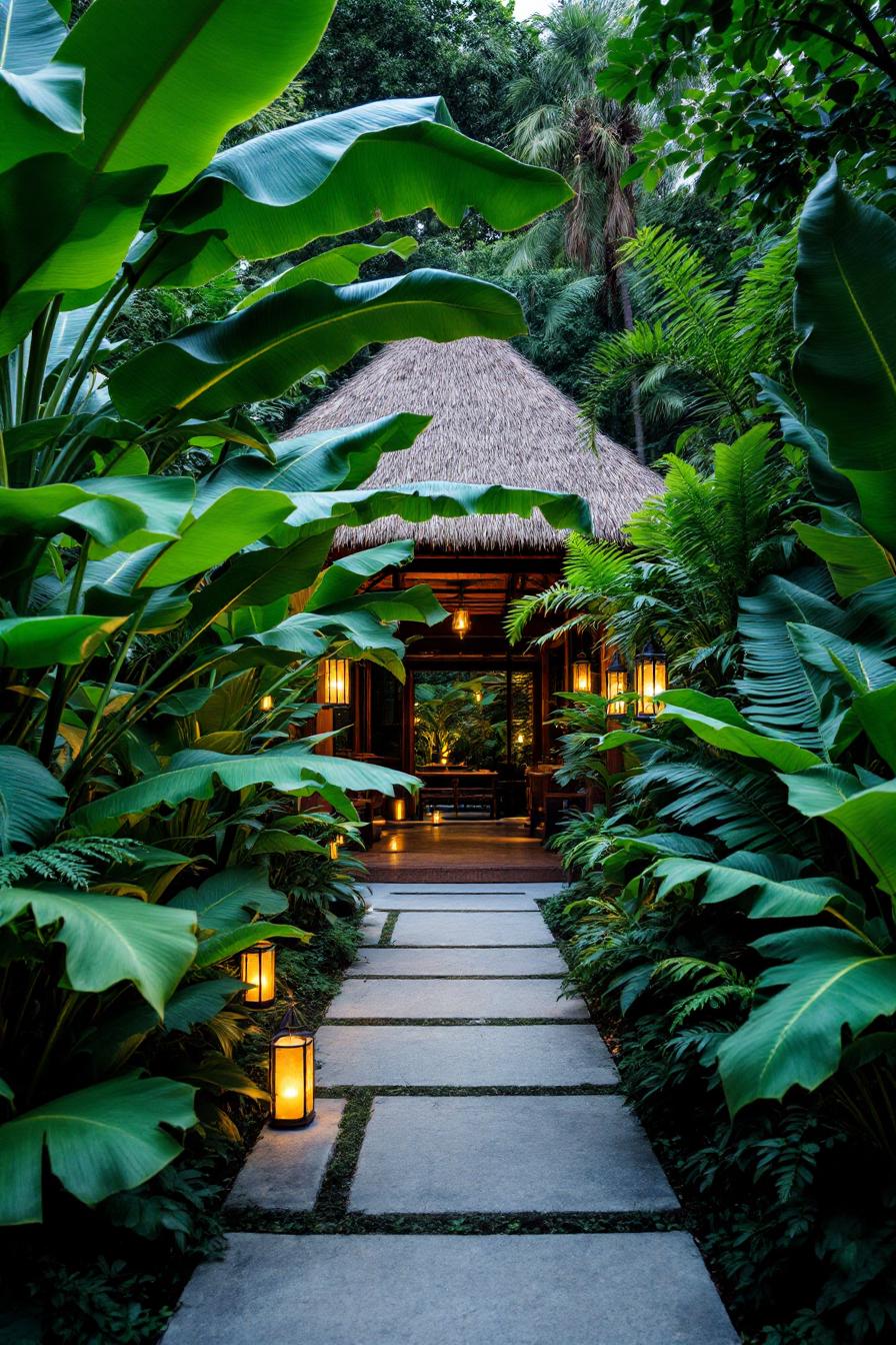 Lush tropical path leading to a thatched-roof retreat