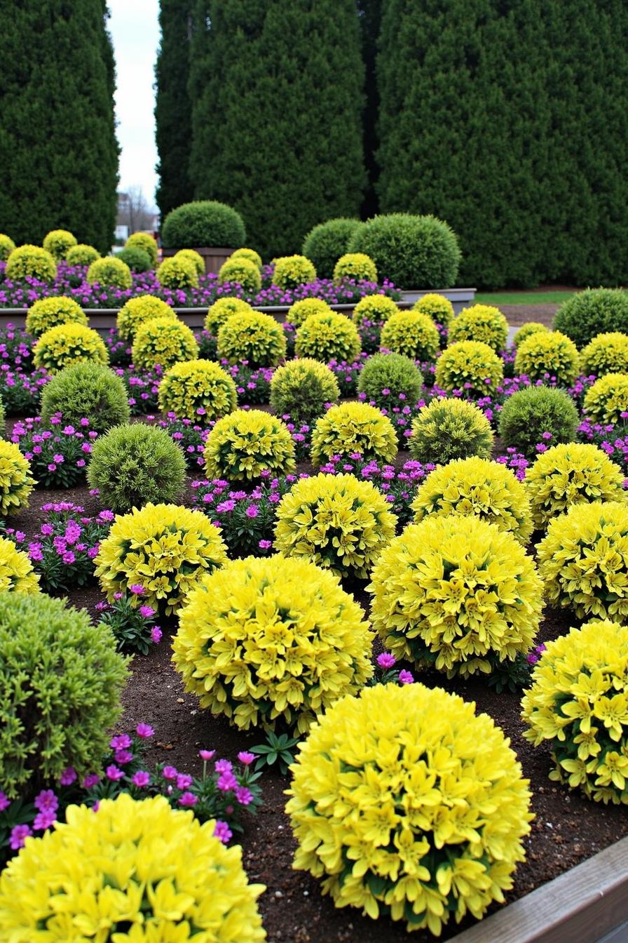 Bright yellow and green spherical shrubs among pink flowers