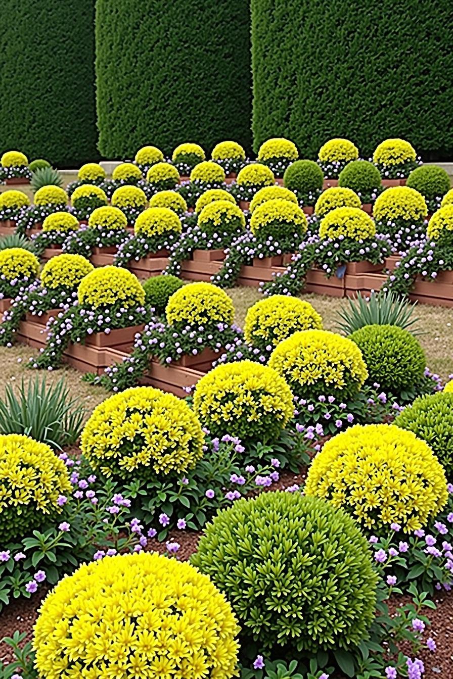 Rows of round yellow topiary with purple flowers