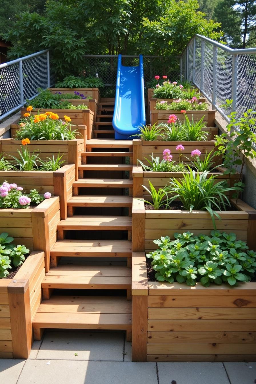 Wooden steps with planters and a blue slide