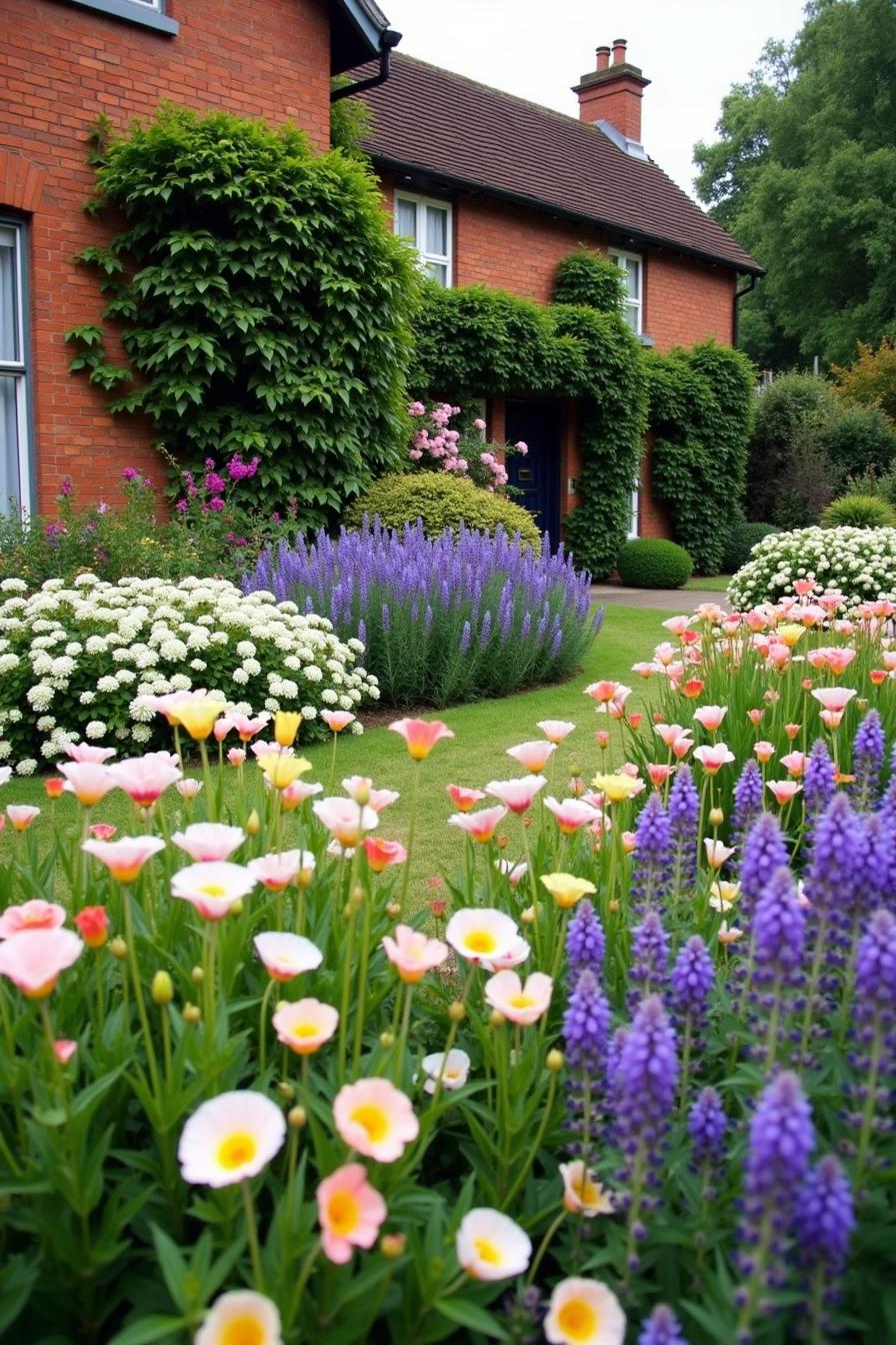 Colorful flowers and lush greenery in an English country garden