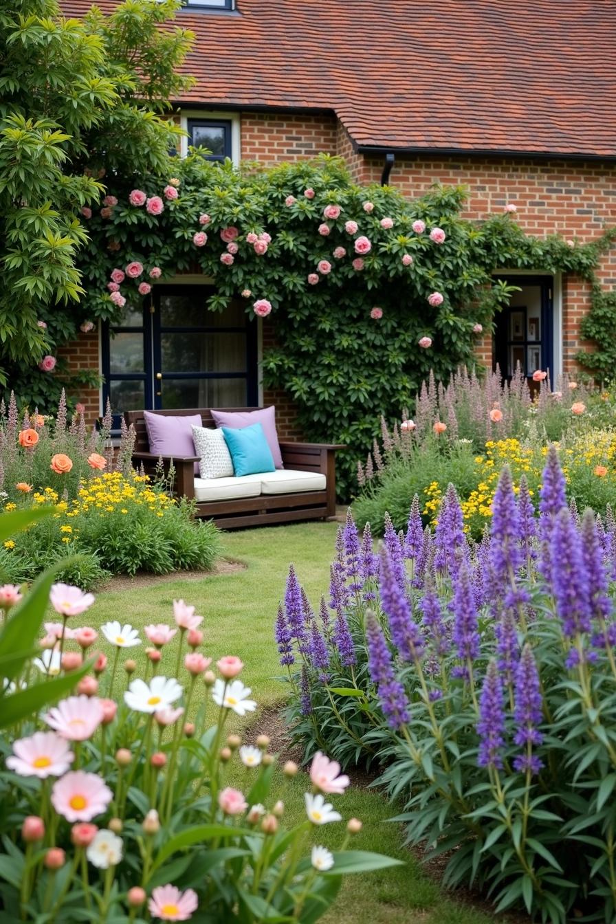 Floral garden with a wooden bench surrounded by colorful blooms