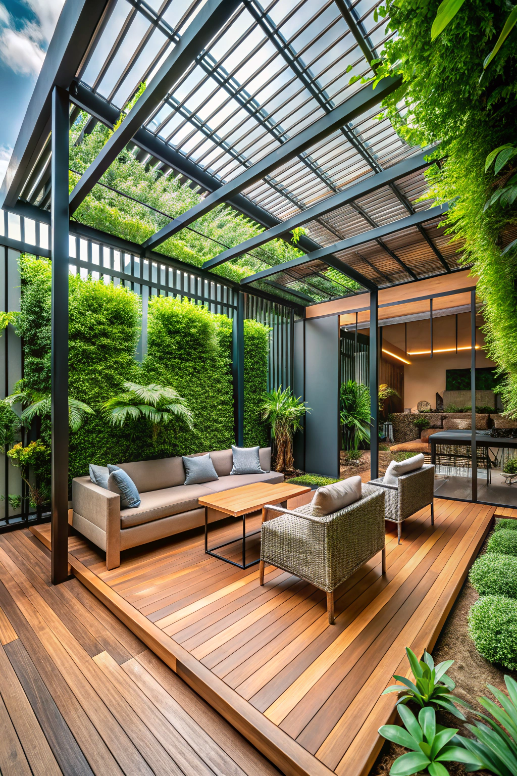 Chic terrace with lush greenery and modern seating