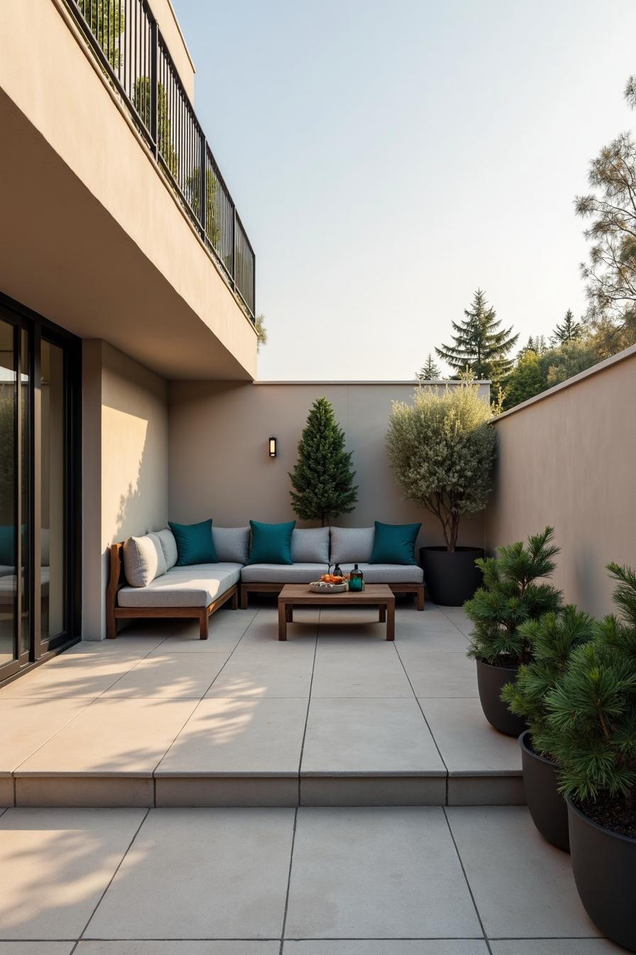 Modern terrace with sofa and potted plants