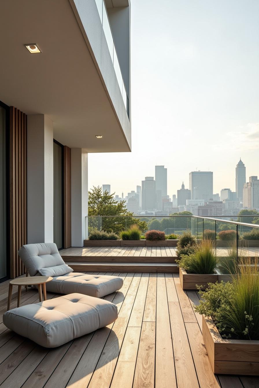 Modern terrace with city view and cozy seating