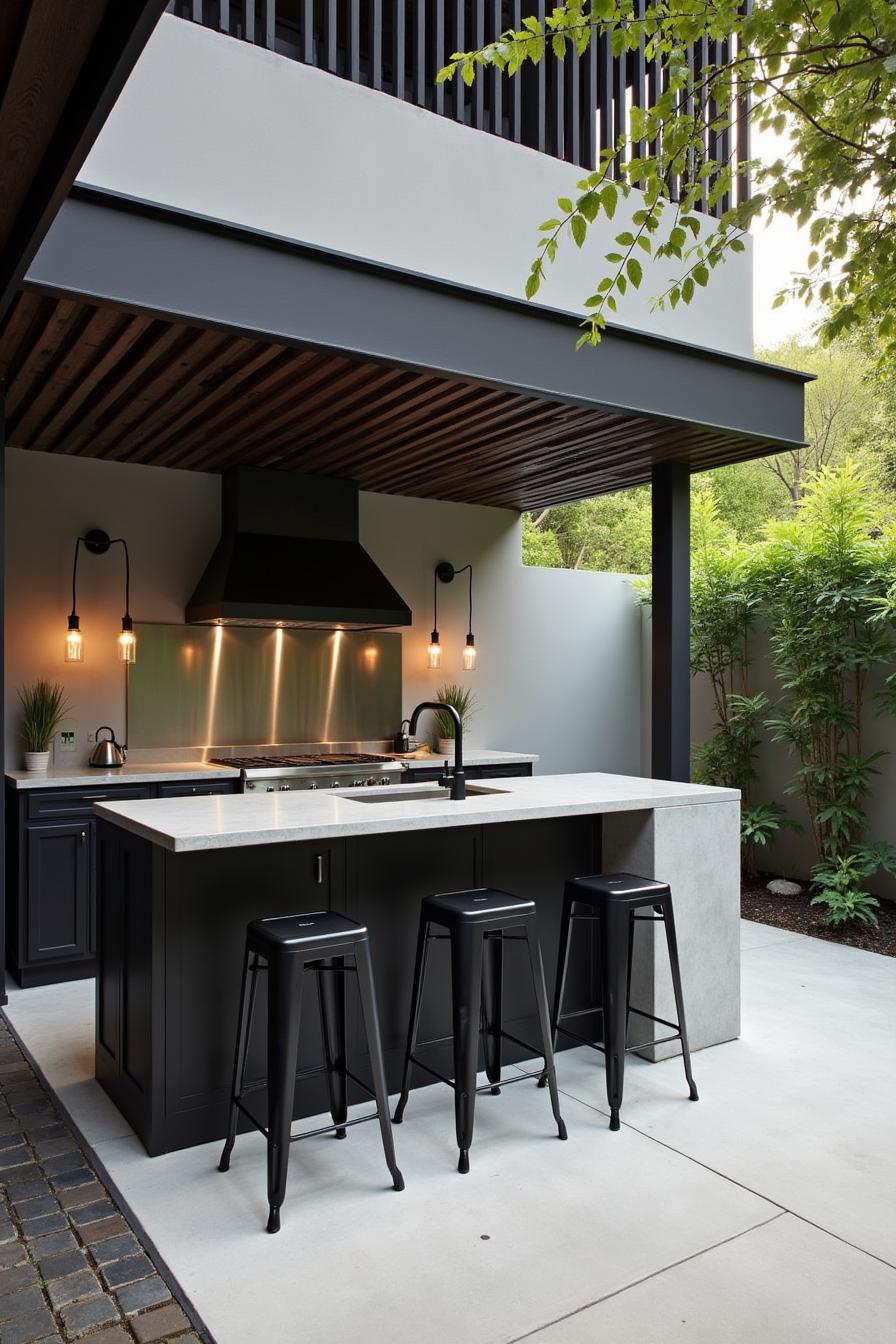 Modern outdoor kitchen with black cabinets and seating