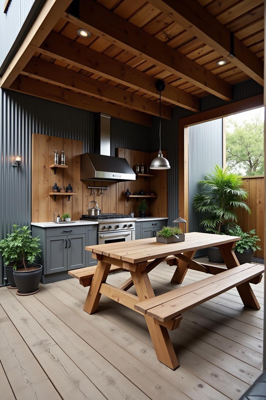 Outdoor kitchen with wooden elements and a picnic table