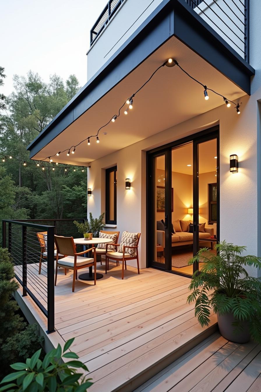 Cozy patio with string lights and seating