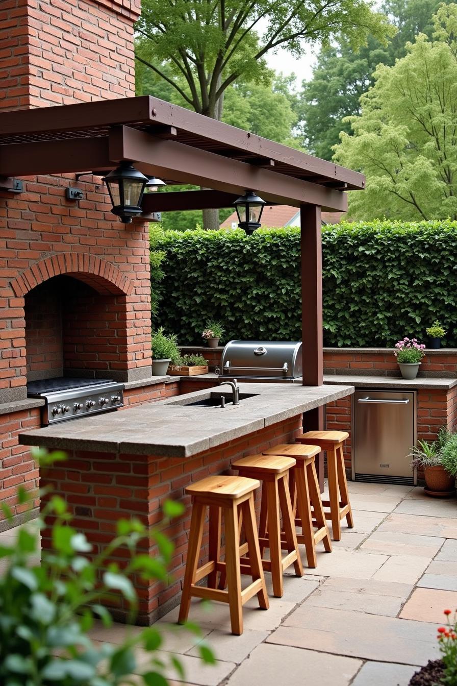 Outdoor kitchen with brick design and grill under pergola