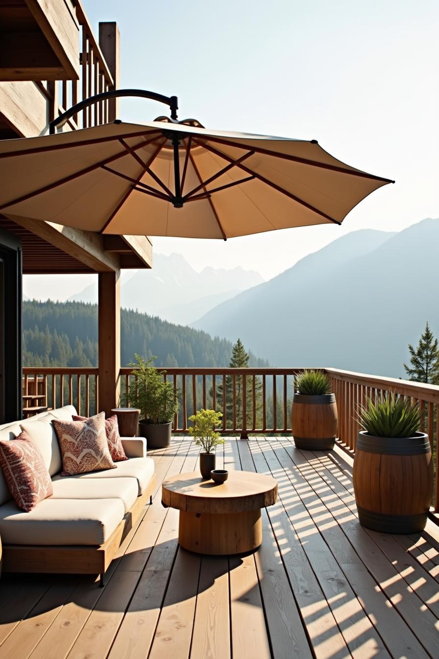 Wooden terrace with mountain views, cozy seating, and large umbrella