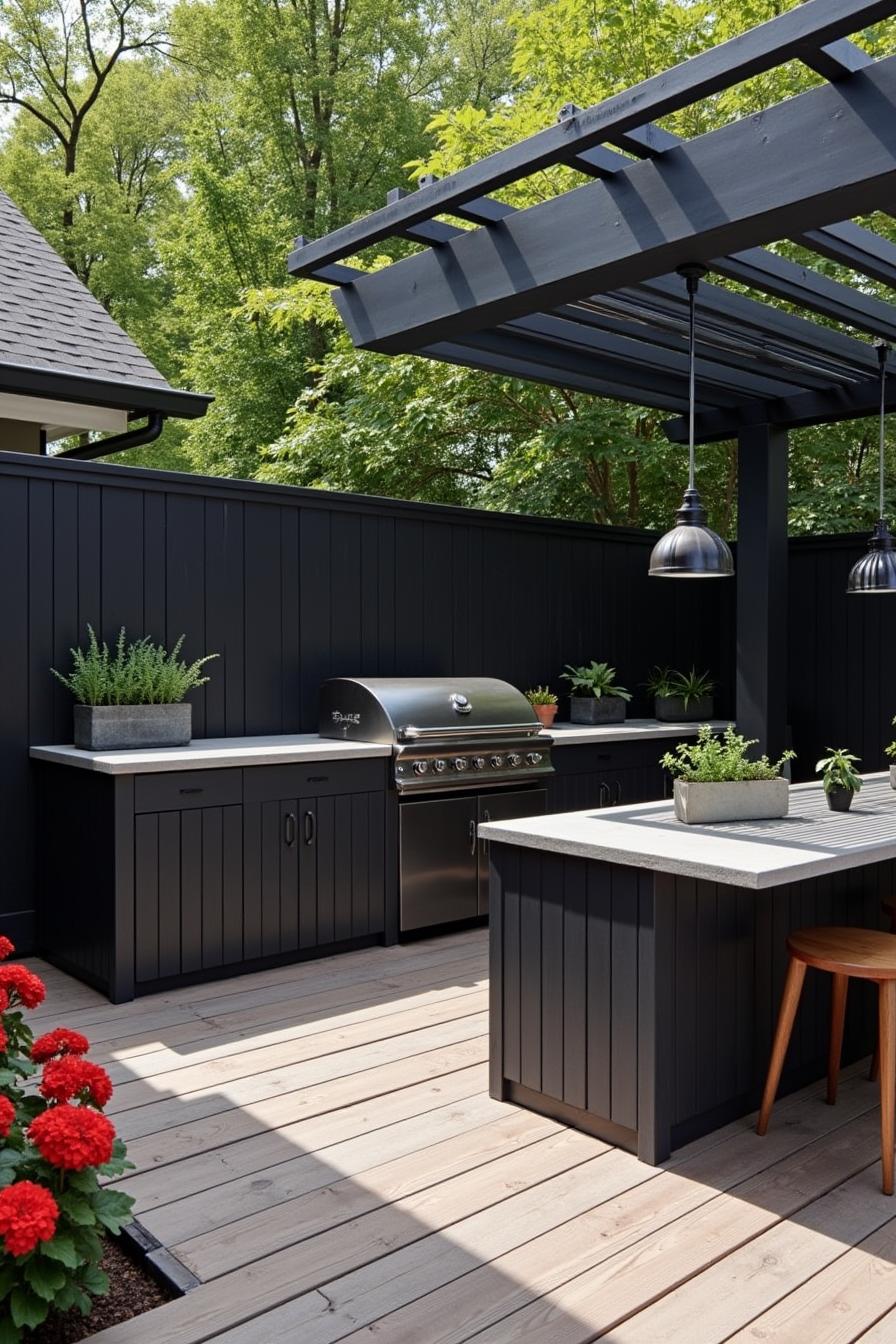 Sleek outdoor kitchen with grill and pergola