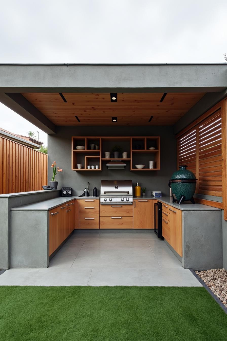 Cozy outdoor kitchen with wooden cabinetry and modern grill