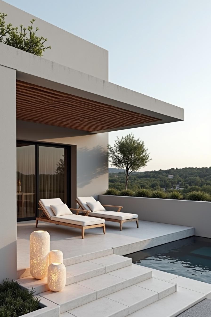 Modern terrace with pool, loungers, and glowing lanterns