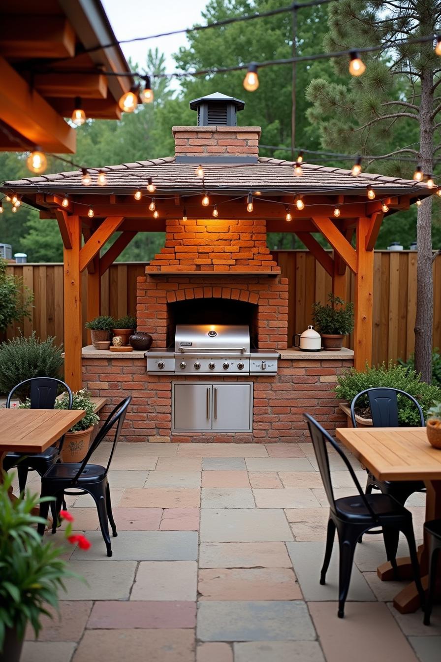 Outdoor kitchen with a brick oven and string lights