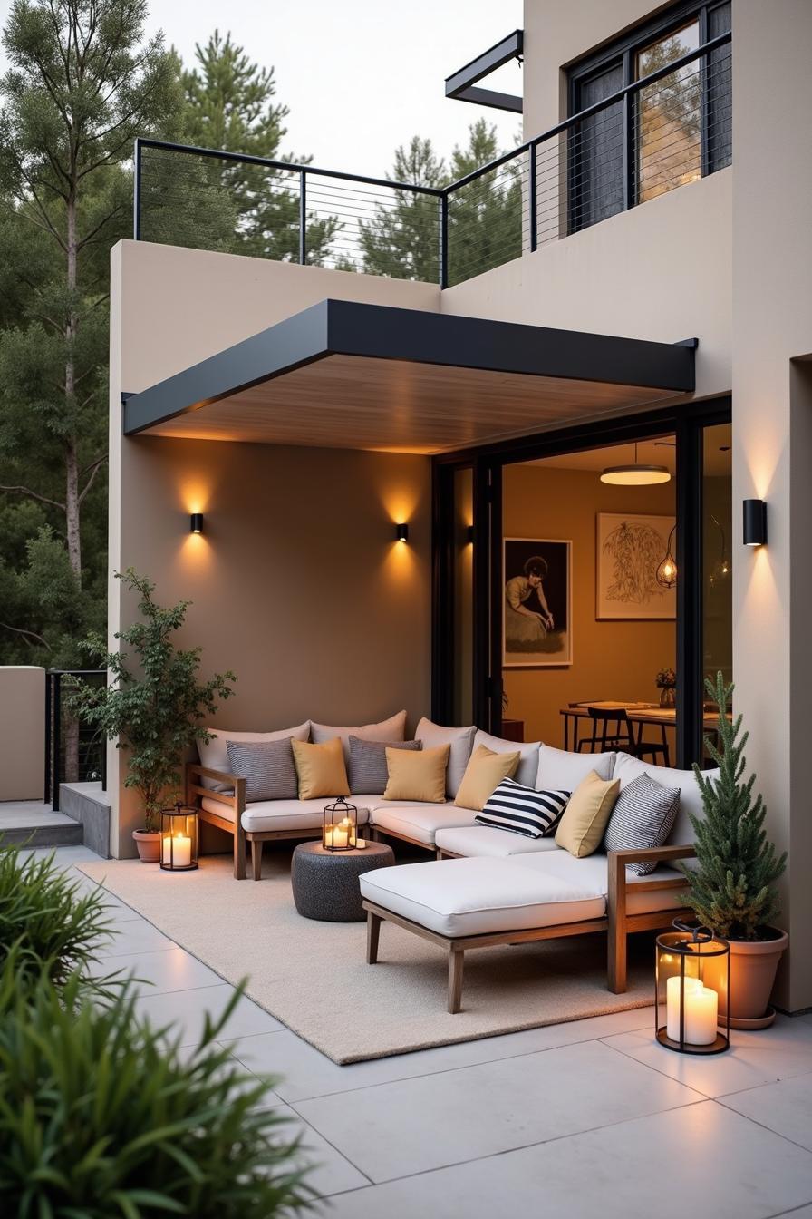 Outdoor seating area with cozy lighting and plants