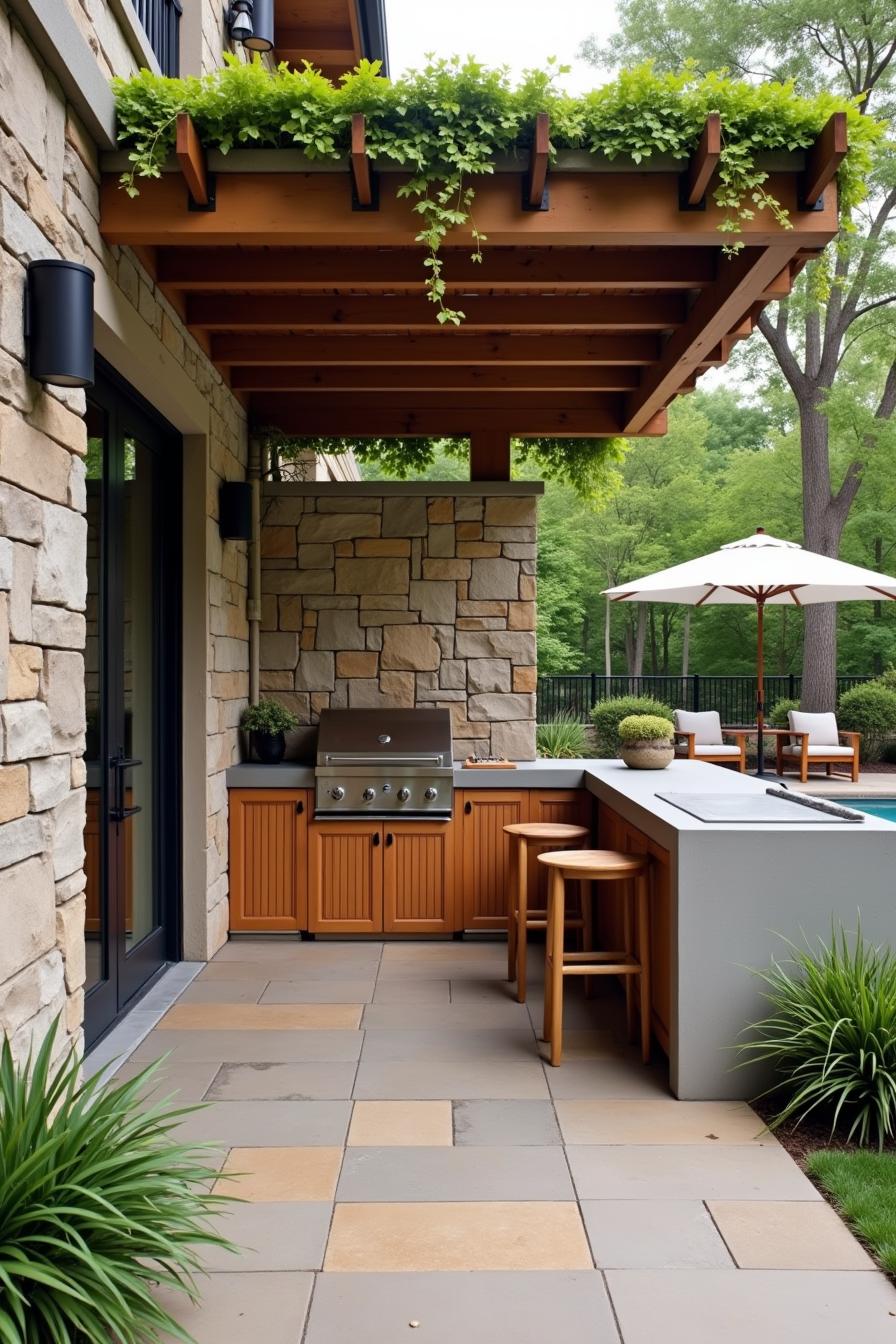 Cozy outdoor kitchen with stone accents and lush greenery