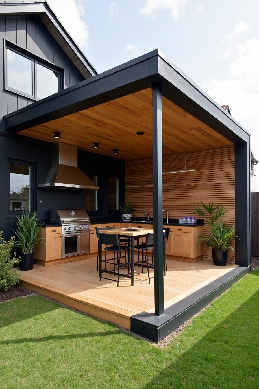 A chic open-air kitchen with wooden cabinets and a sleek grill