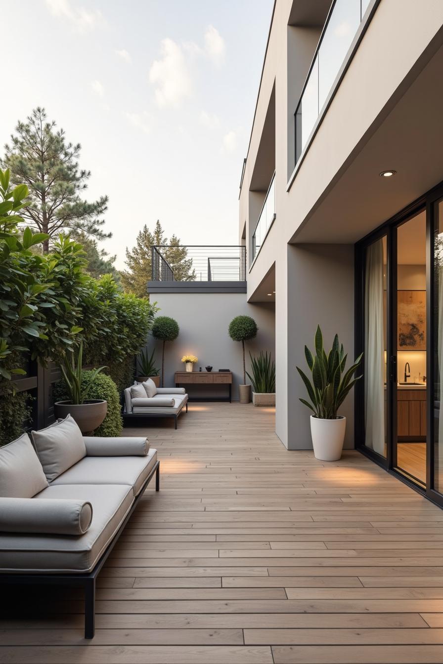 Stylish terrace with modern decor and lush greenery