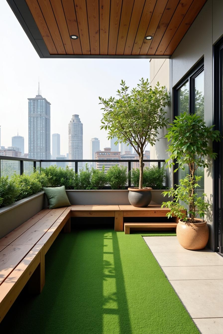 Modern terrace with lush plants and city views