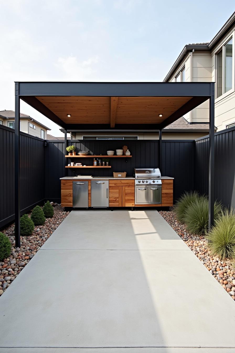 Sleek outdoor kitchen under modern cabana