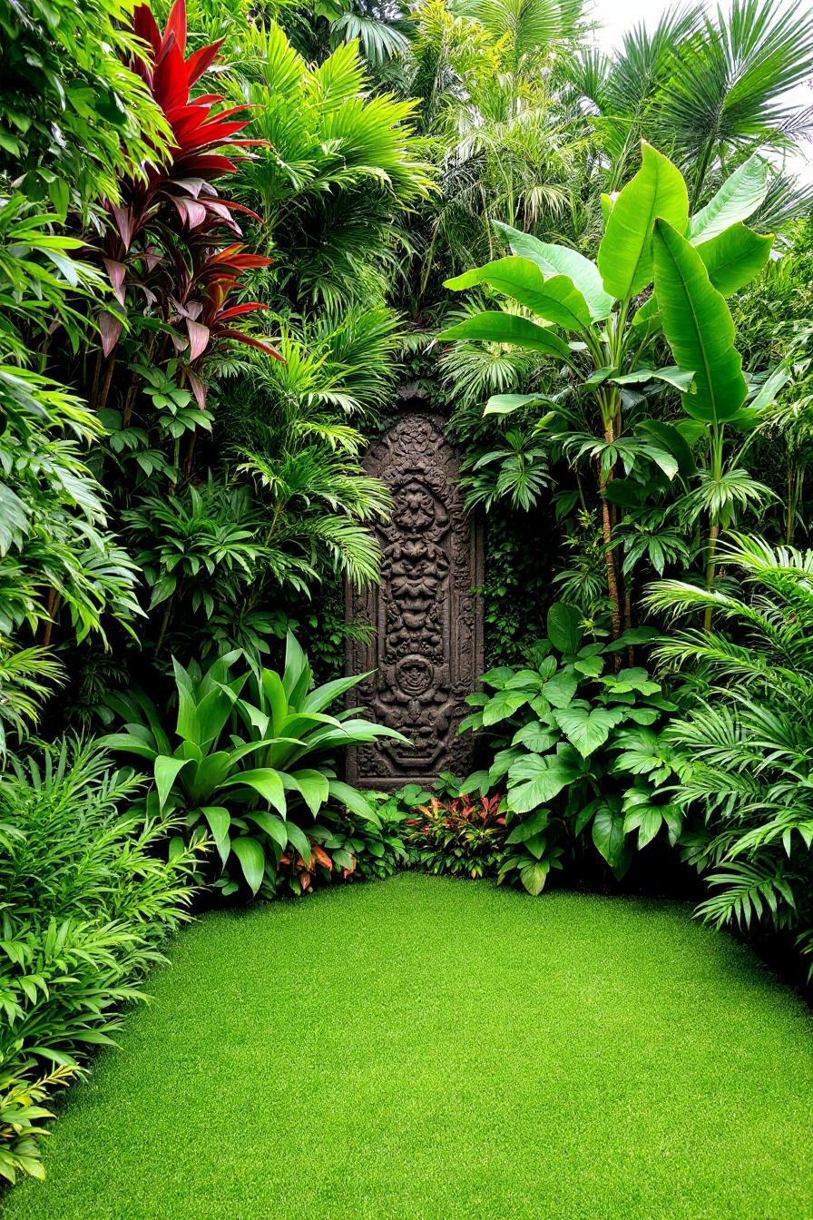 Tranquil garden with vibrant foliage and an intricate stone carving