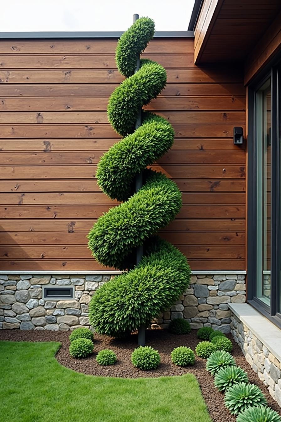 Green spiral topiary against a wooden and stone wall