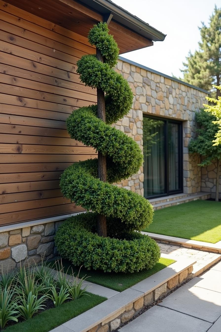 Tall spiral topiary beside a stone and wood clad house