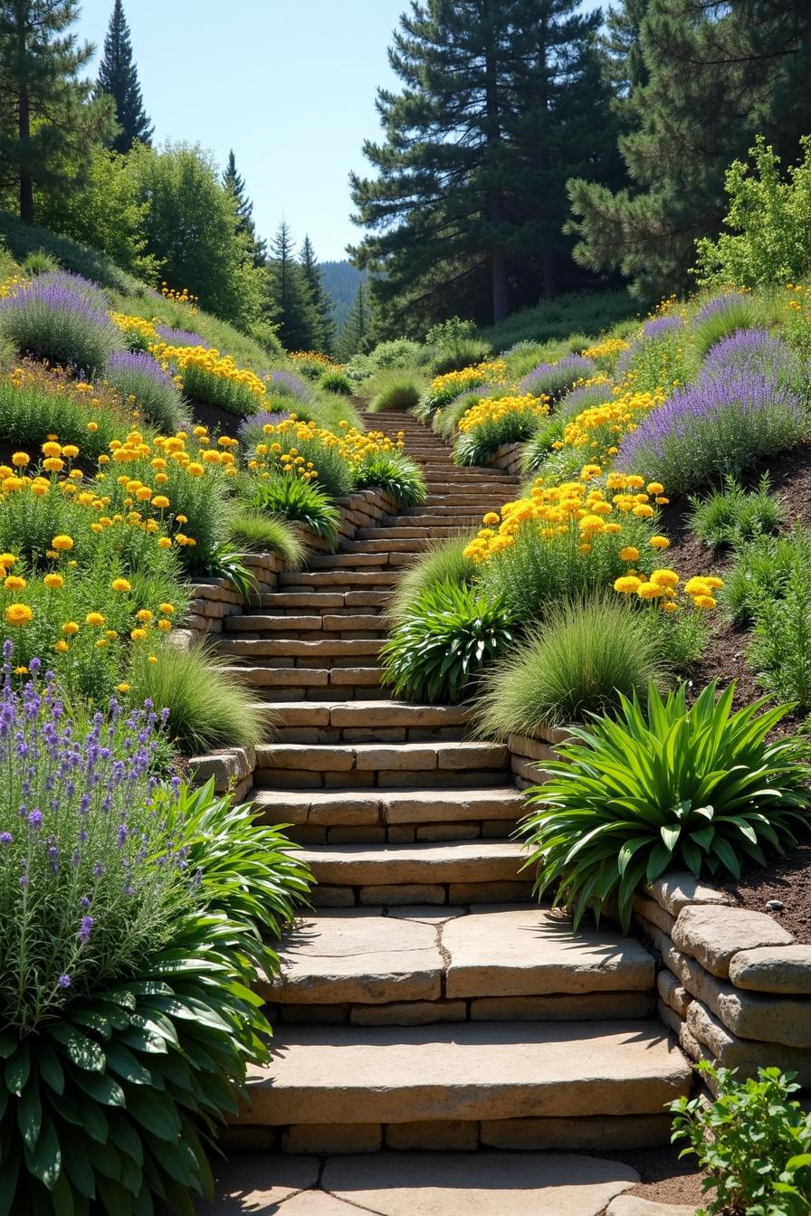 Stone steps adorned with colorful flowers and greenery on a hillside