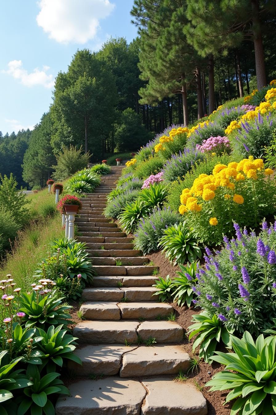 A terraced hillside garden unfolds as a vibrant tapestry of layered greenery and colorful blooms. The landscape showcases an artful arrangement of 2