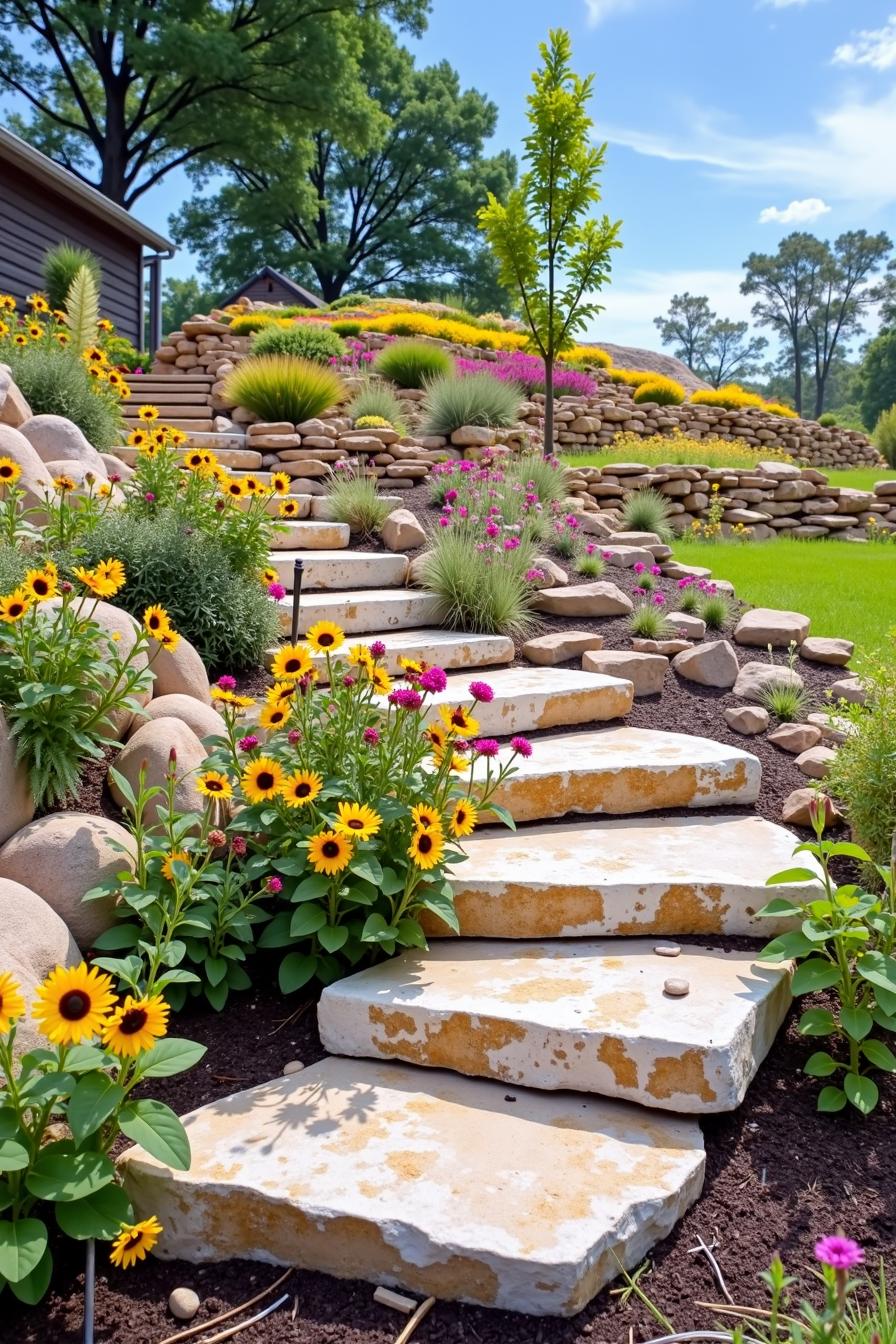 Stone steps amidst colorful hillside flowers