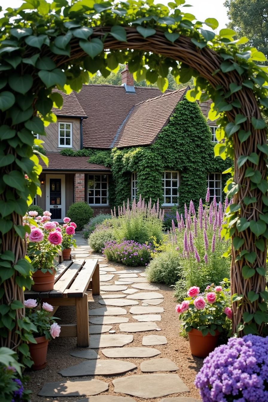 Stone pathway with colorful flowers leading to a vine-covered cottage