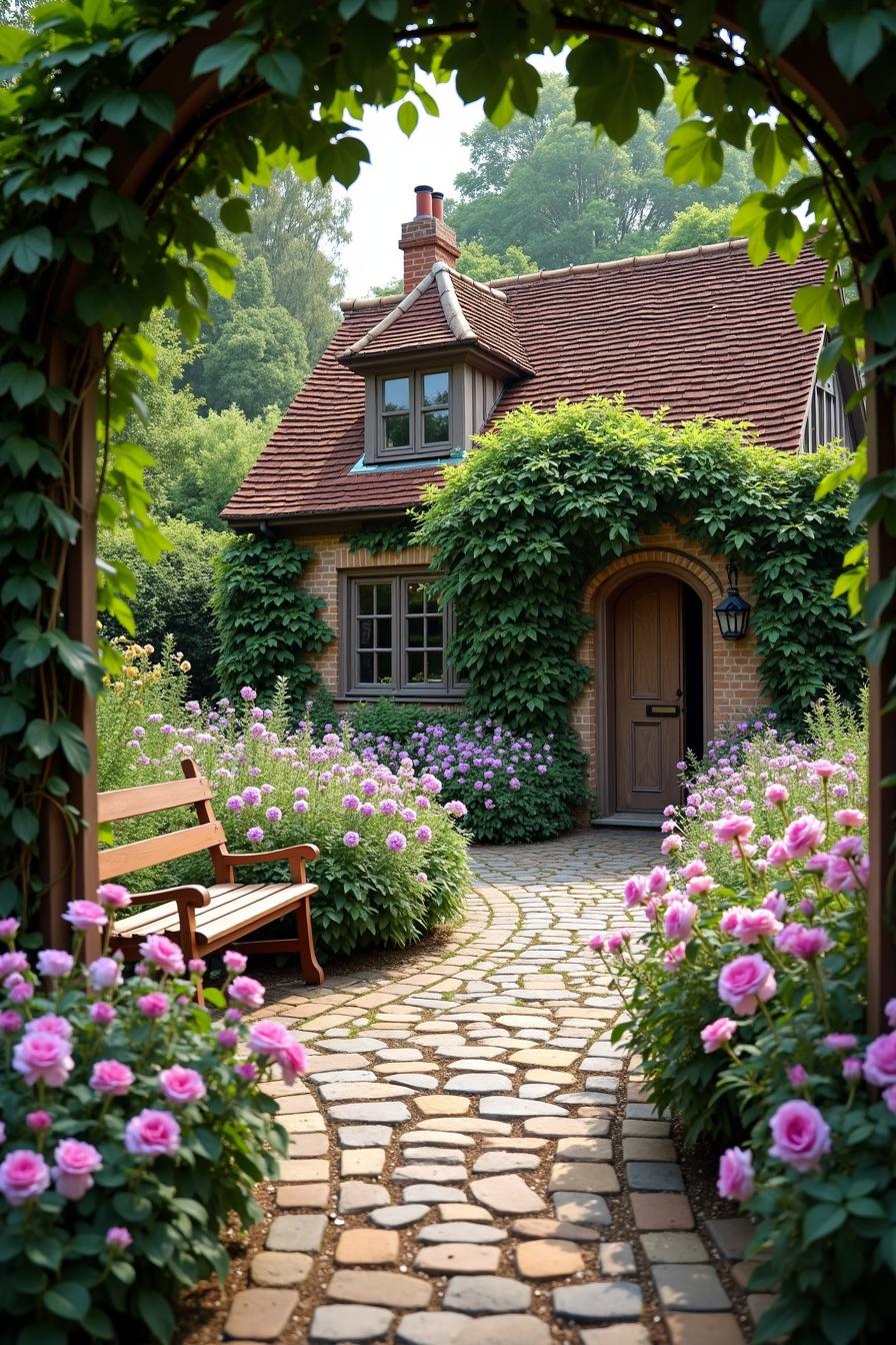 Charming path leads through vibrant garden to cozy brick cottage