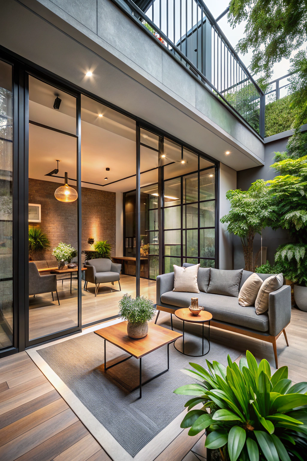 Modern terrace with cozy seating and lush greenery