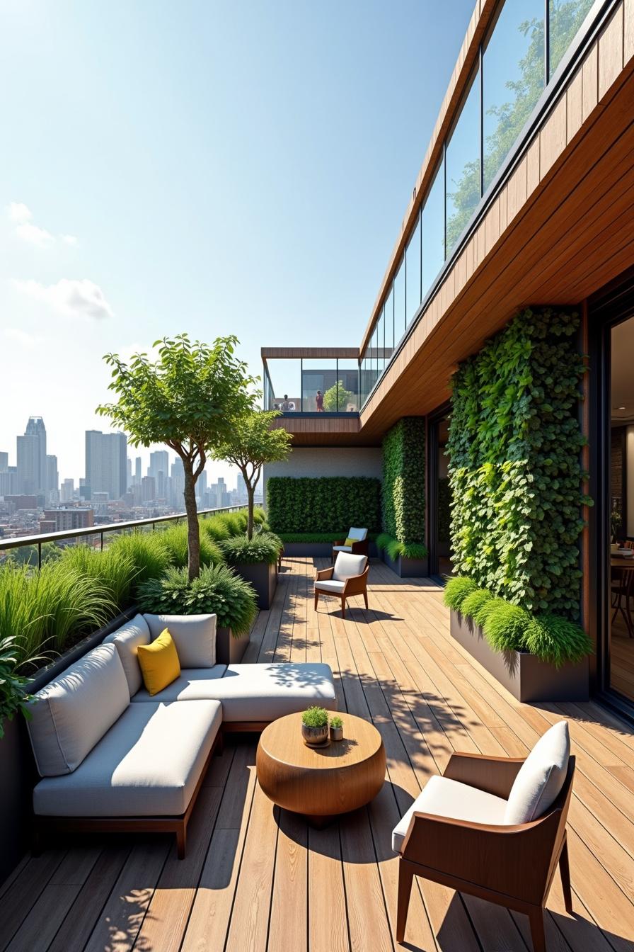 Modern rooftop garden with city views