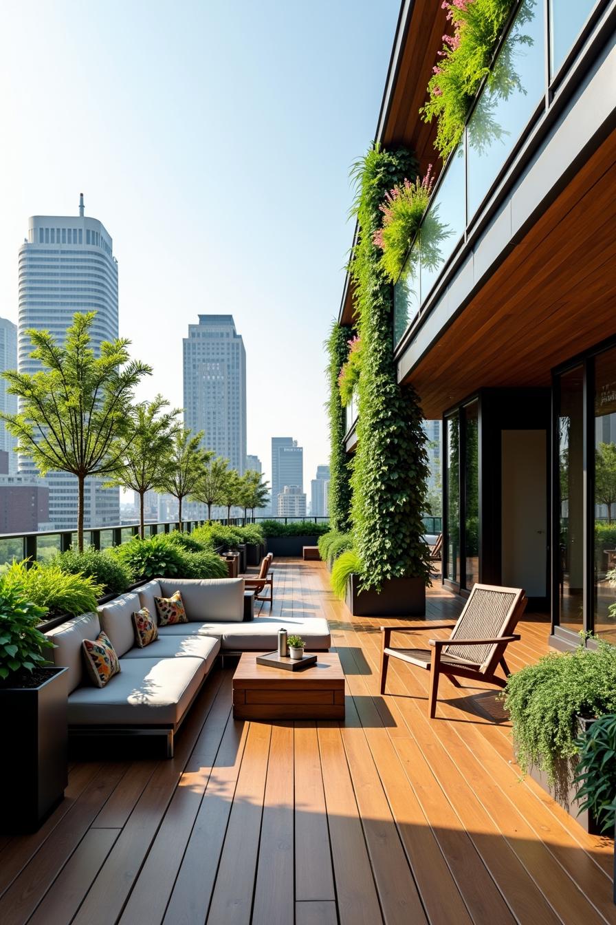 Lush rooftop deck with seating and city skyline