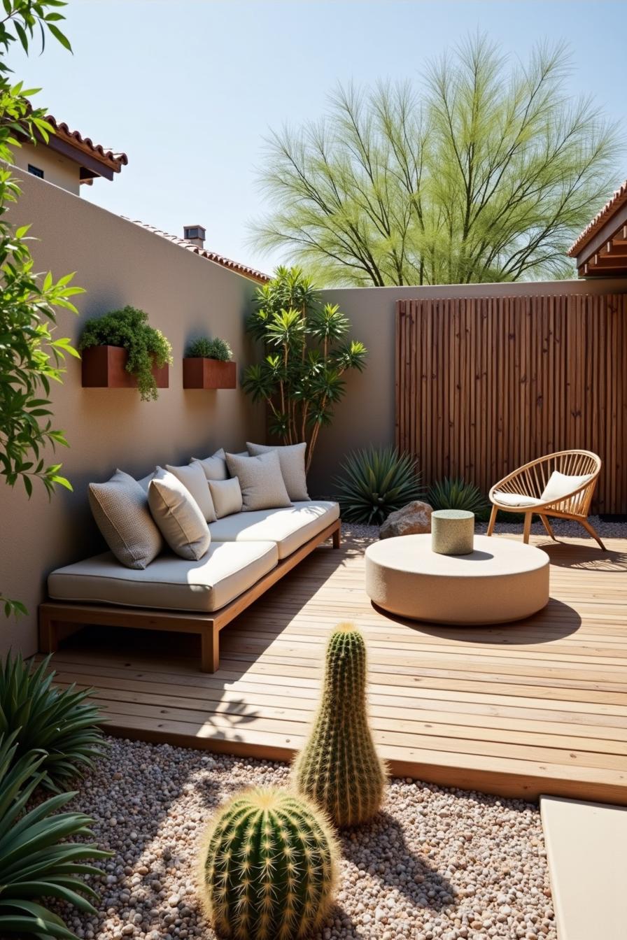 Minimalist desert patio with cacti and seating