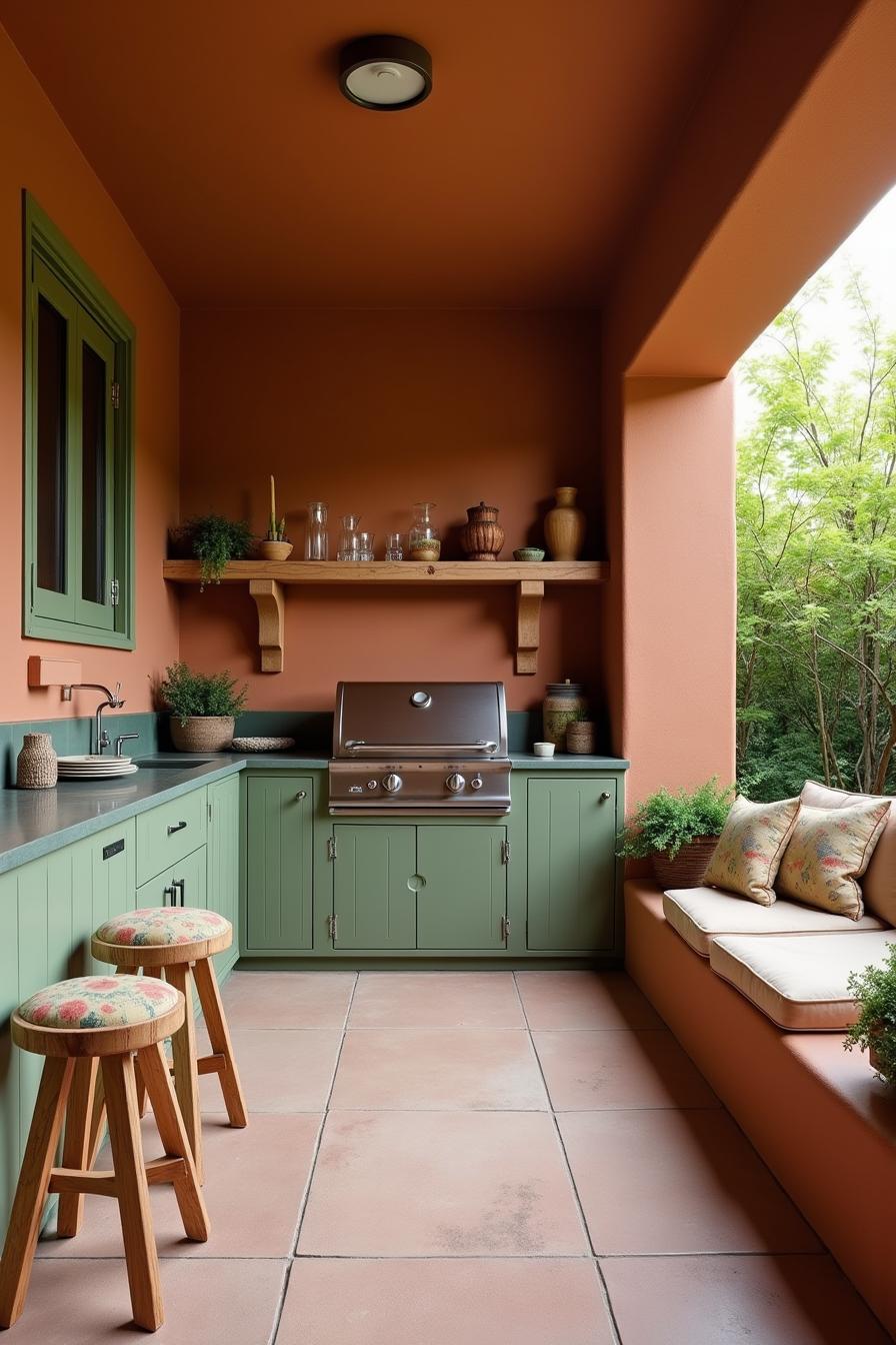 Compact outdoor kitchen with green cabinets and terracotta walls