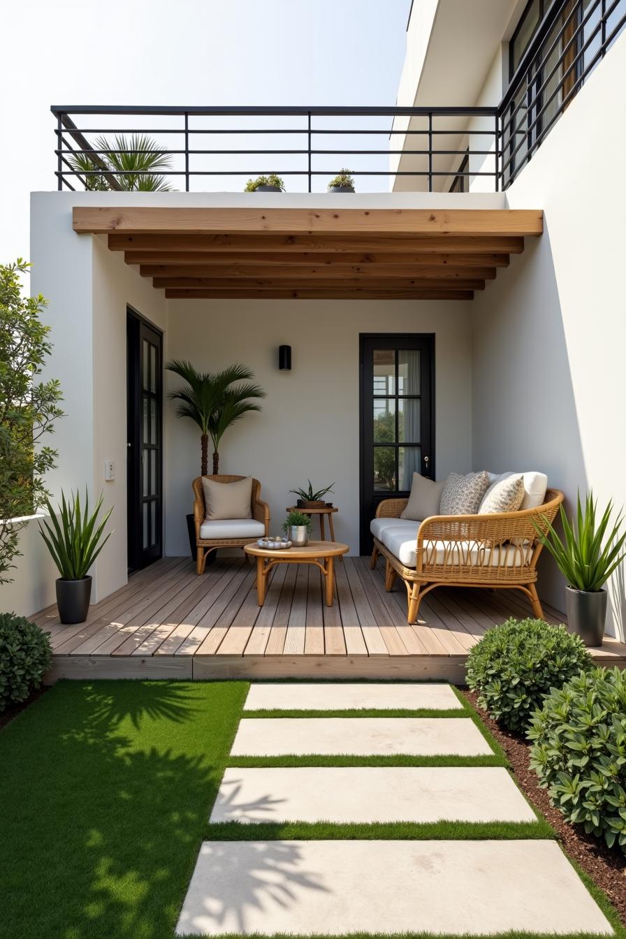 Charming outdoor patio with wooden deck and rattan furniture