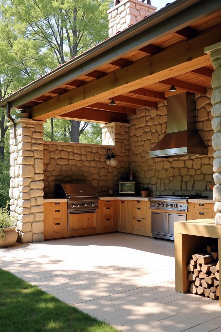 Stylish outdoor kitchen with stone walls and wood cabinetry